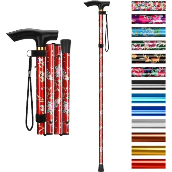Adjustable folding walking stick in purple aluminum with flower-shaped design and rubber handle