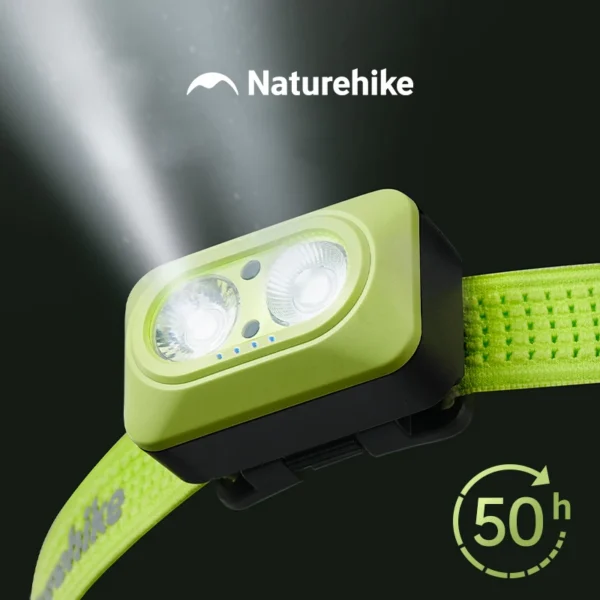 Naturehike wide beam headlamp in yellow with long horizontal light strip and stretchy headband