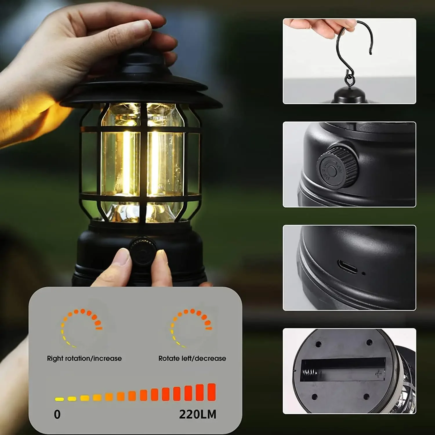 Retro Hanging Tent Lamp, USB Rechargeable, 1 or 2 Pack 3 Retro Hanging Tent Lamp, USB Rechargeable, 1 or 2 Pack - view 3