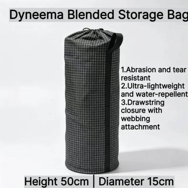 Gray cylindrical tent pole bag with drawstring top holding tent poles and awning rods