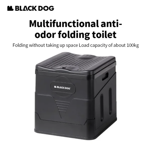 Dark multifunction folding camp toilet set up outside a tent with the lid open