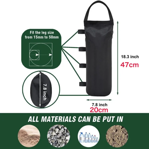 Four black canopy leg weight bags filled with sand and wrapped around the legs of a pop up gazebo