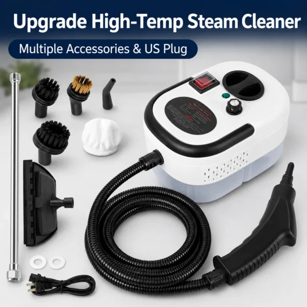 Handheld steam cleaner releasing steam onto bathroom tiles with its brush attachment