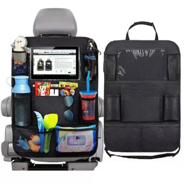Backseat tablet organizer with a tablet in the clear pocket on the back of a car seat