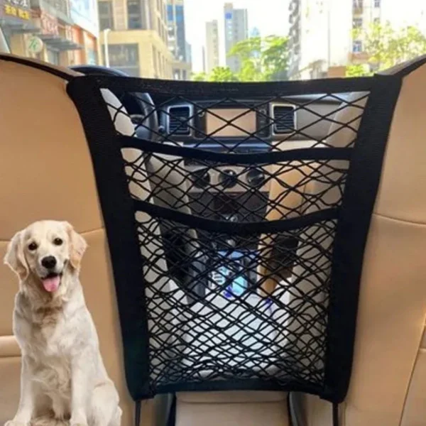 Seat back mesh net with three layers holding water bottles on the back of a car seat