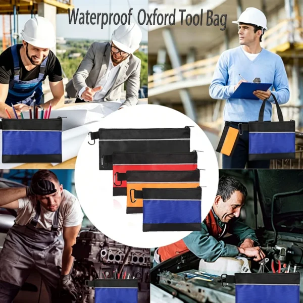 Oxford hardware tool bags of three zippered bags shown in matching colors with tools