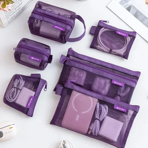 Set of six transparent mesh storage pouches holding cards, cables and cosmetics