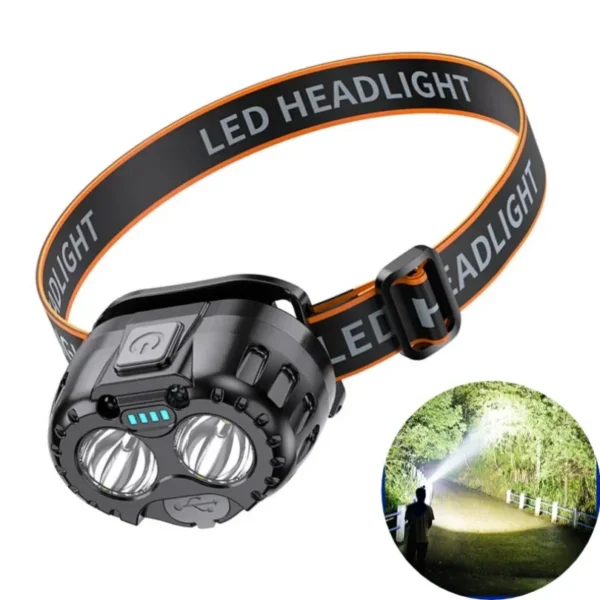 Mini LED work headlamp in black ABS with twin LEDs, sensor window and adjustable strap