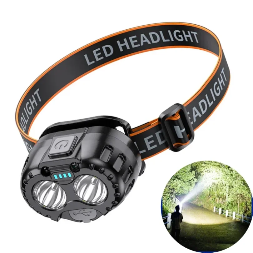 Mini LED Work Headlamp with Gesture Sensor, USB Rechargeable 1 Mini LED work headlamp in black ABS with twin LEDs, sensor window and adjustable strap