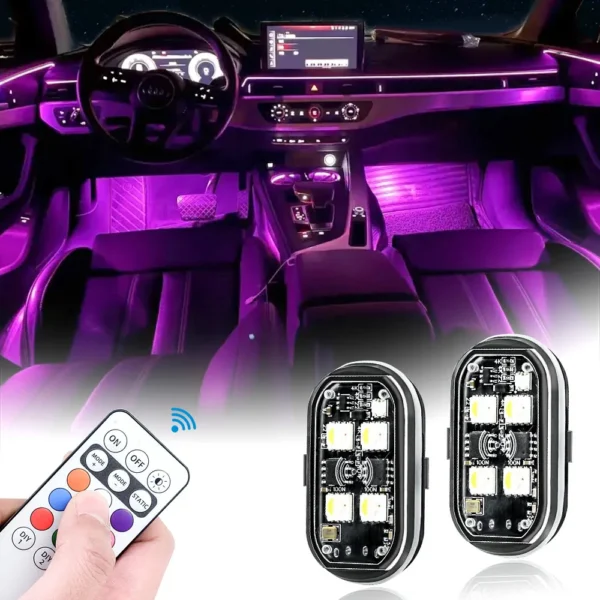 Car interior ambient lights glowing in different colors around a car cabin at night