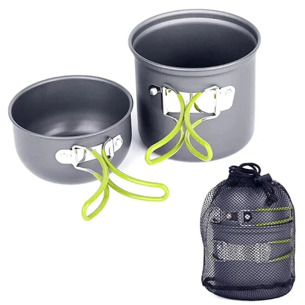 Hard anodized camping pot in orange with lid and folding handle beside its mesh carry bag