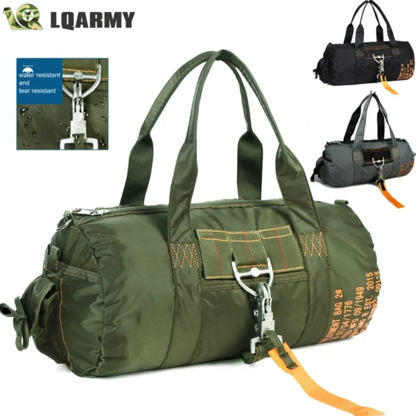OD green tactical parachute duffle bag with orange rip cord latch and shoulder strap