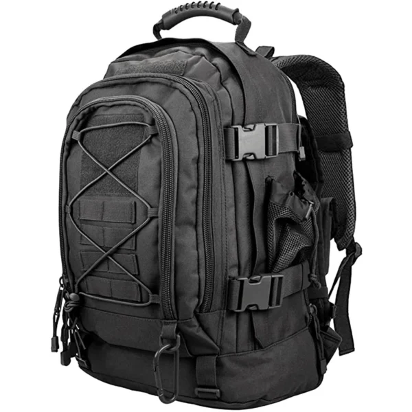 Military tactical rucksack in woodland camo with MOLLE webbing and large main compartment
