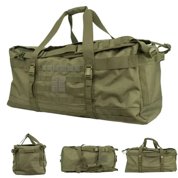 Tactical duffel backpack in green 1000D nylon with molle webbing and carry handle