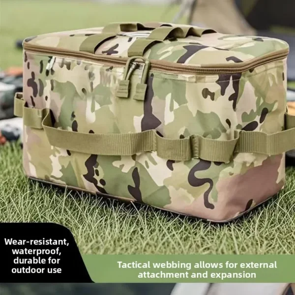Camouflage cassette stove storage bag in Oxford cloth with a portable stove packed inside