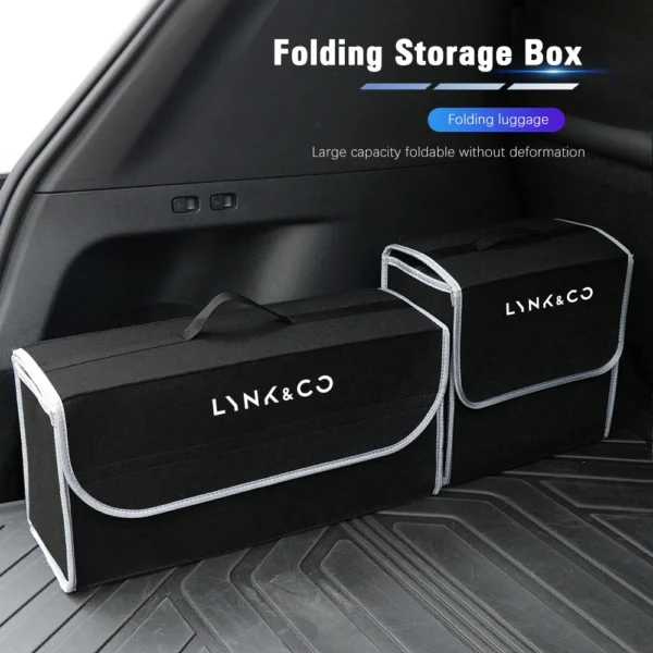 Velcro felt trunk organizer in grey placed along the side of a car trunk with small items
