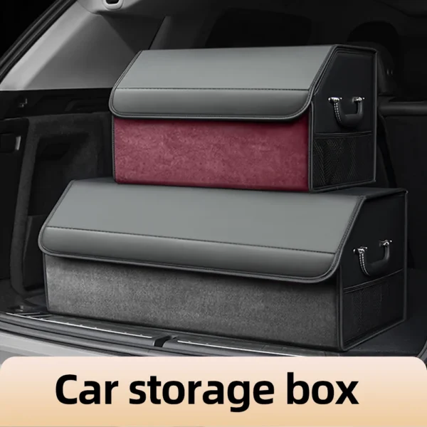 Brown suede car trunk organizer with partitions and side mesh pockets open in a hatchback trunk