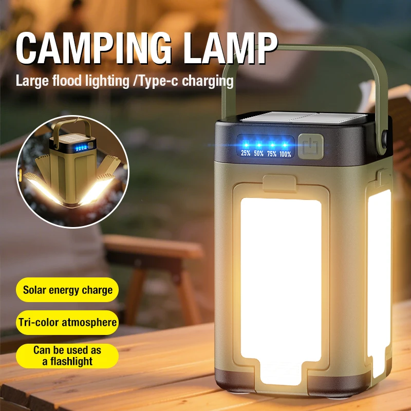 Tri Color Camping Light with Fold Out Panels and Power Bank 1 Tri color camping light in green with four panels folded out and glowing warm yellow