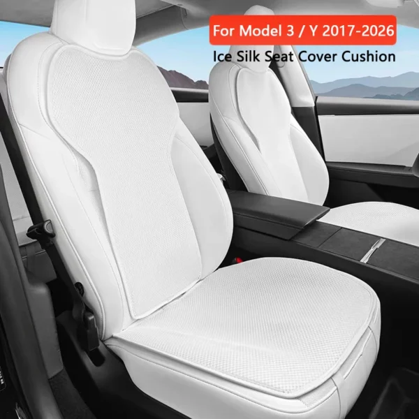 Ice silk seat cushion cover in black fitted on the front seats of a Tesla Model Y
