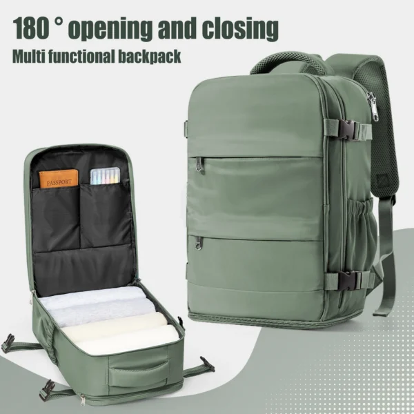 Cabin bag backpack in army green 40x30x20 size with laptop compartment open for travel
