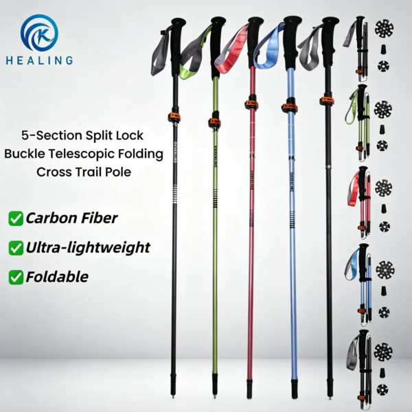 Adjustable carbon trekking poles in blue folded into four sections with quick lock and EVA grips