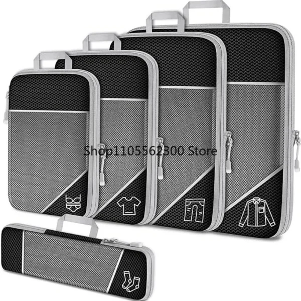 Mesh compression packing cubes with see-through polyester panels showing folded clothes inside