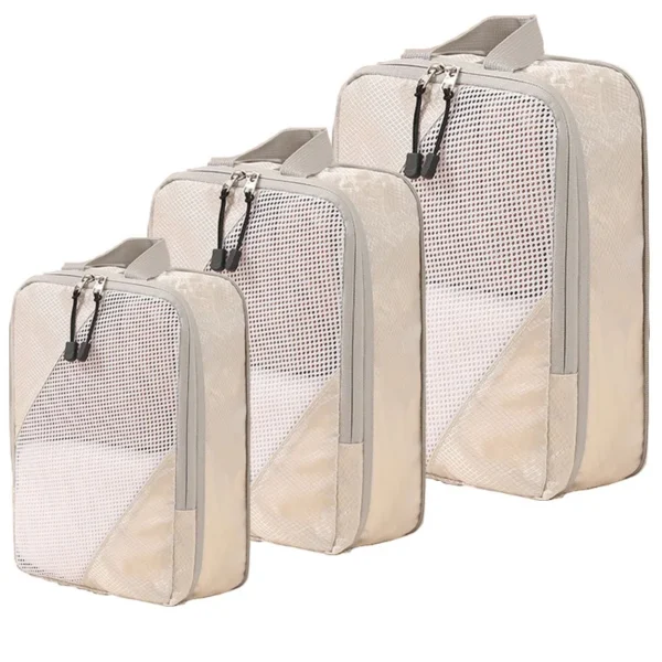 Khaki nylon compression travel cubes set of three with mesh bags and folded clothes inside