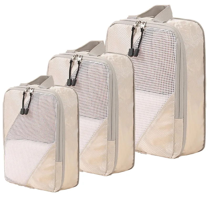 Nylon Compression Travel Cubes, 3 Piece Set with Mesh Bags 1 Khaki nylon compression travel cubes set of three with mesh bags and folded clothes inside