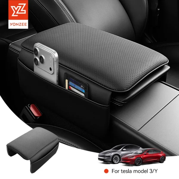 Center console armrest pad in black TPE fitted over a Tesla armrest