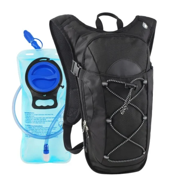 Hiking water bag backpack in orange polyester with slim shoulder straps and front pocket