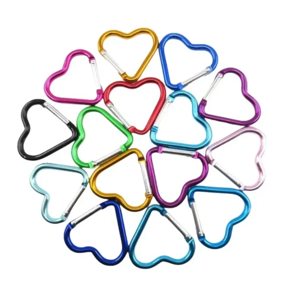 Heart shaped carabiner keychain clips in mixed colors with spring snap gates