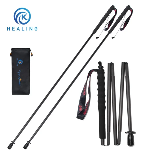 5 section hiking sticks folded compactly beside an extended pole with EVA grip