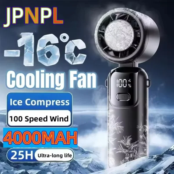 Foldable handheld fan in white held open on a hot day at a campsite