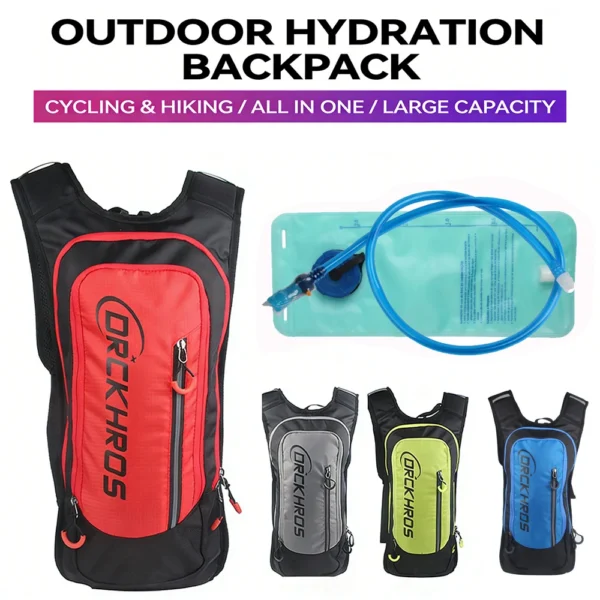 Ultralight bladder backpack in blue nylon with adjustable shoulder straps, shown with water bag