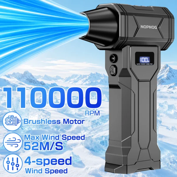 Cordless turbo air blower held in one hand, showing the compact body and side vents