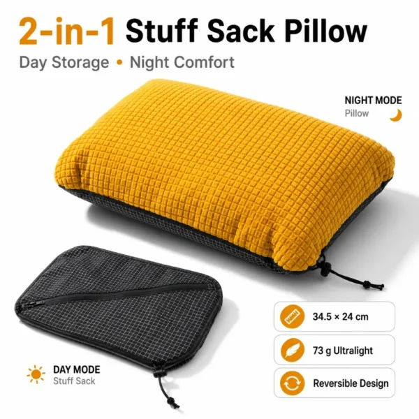Olive reversible camping pillow sack shown as a stuff sack and as a fleece-lined pillow
