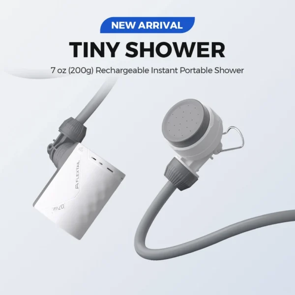 Rechargeable shower pump with IPX7 pump head and hose rinsing feet beside a camping bucket