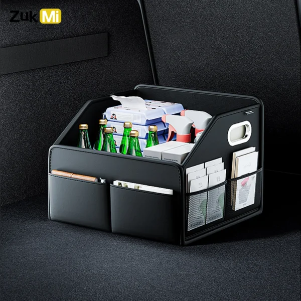 Black waterproof car trunk organizer in premium leather sitting open in an SUV cargo area