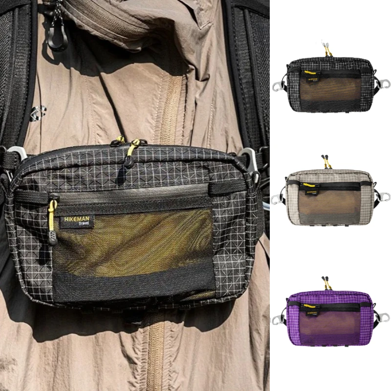 Ultralight Hiking Waist Pack 1L Waterproof Nylon Multi Pocket 1 Ultralight hiking waist pack in black nylon with multiple zip pockets shown from the front