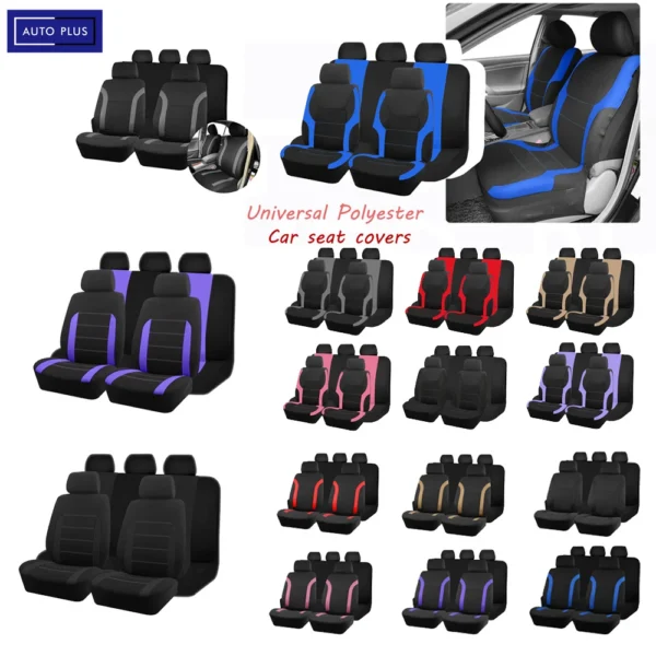 Polyester car seat covers in a two-tone sports style fitted on front and rear car seats