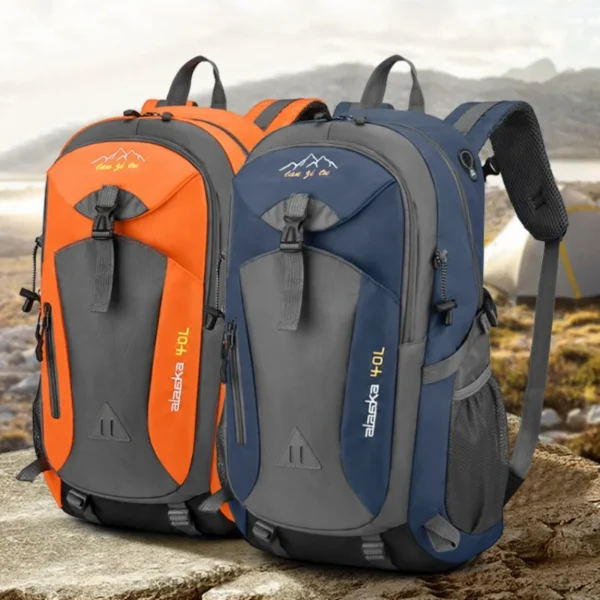 Oxford hiking backpack in orange 40L size with front zip pockets and padded shoulder straps