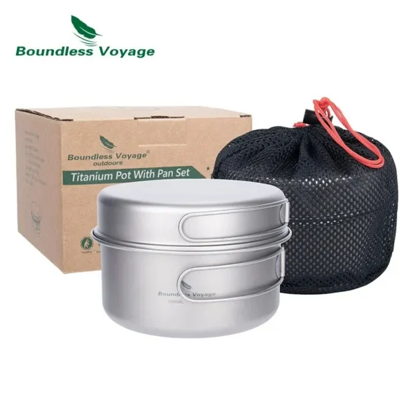 Boundless Voyage titanium camping pot set with frying pan and folding handles on a rock
