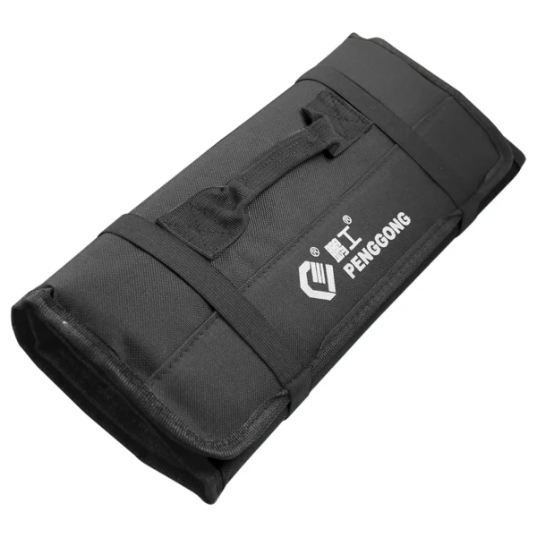 600D Oxford tool roll unrolled with wrenches and screwdrivers, showing its carry handles