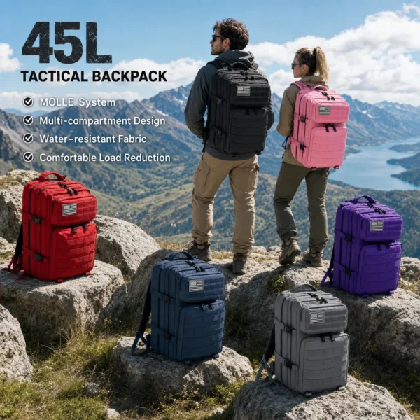 Black 45L molle backpack with multiple pockets and webbing, shown from the front