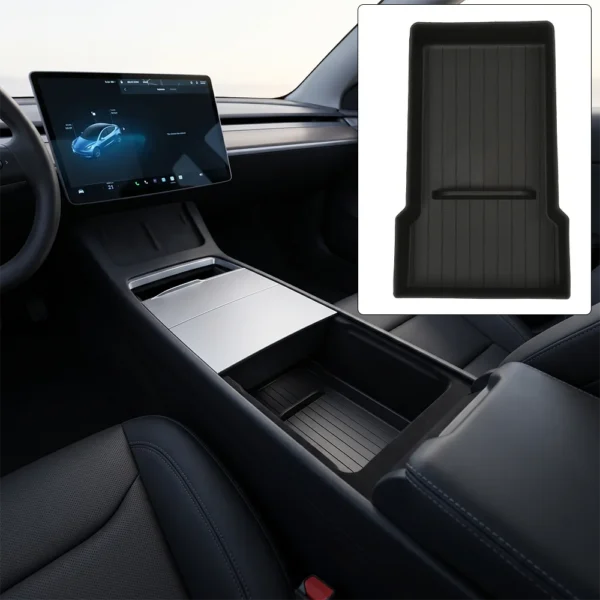 Lower armrest organizer tray fitted inside the center console armrest box of a Tesla Model Y