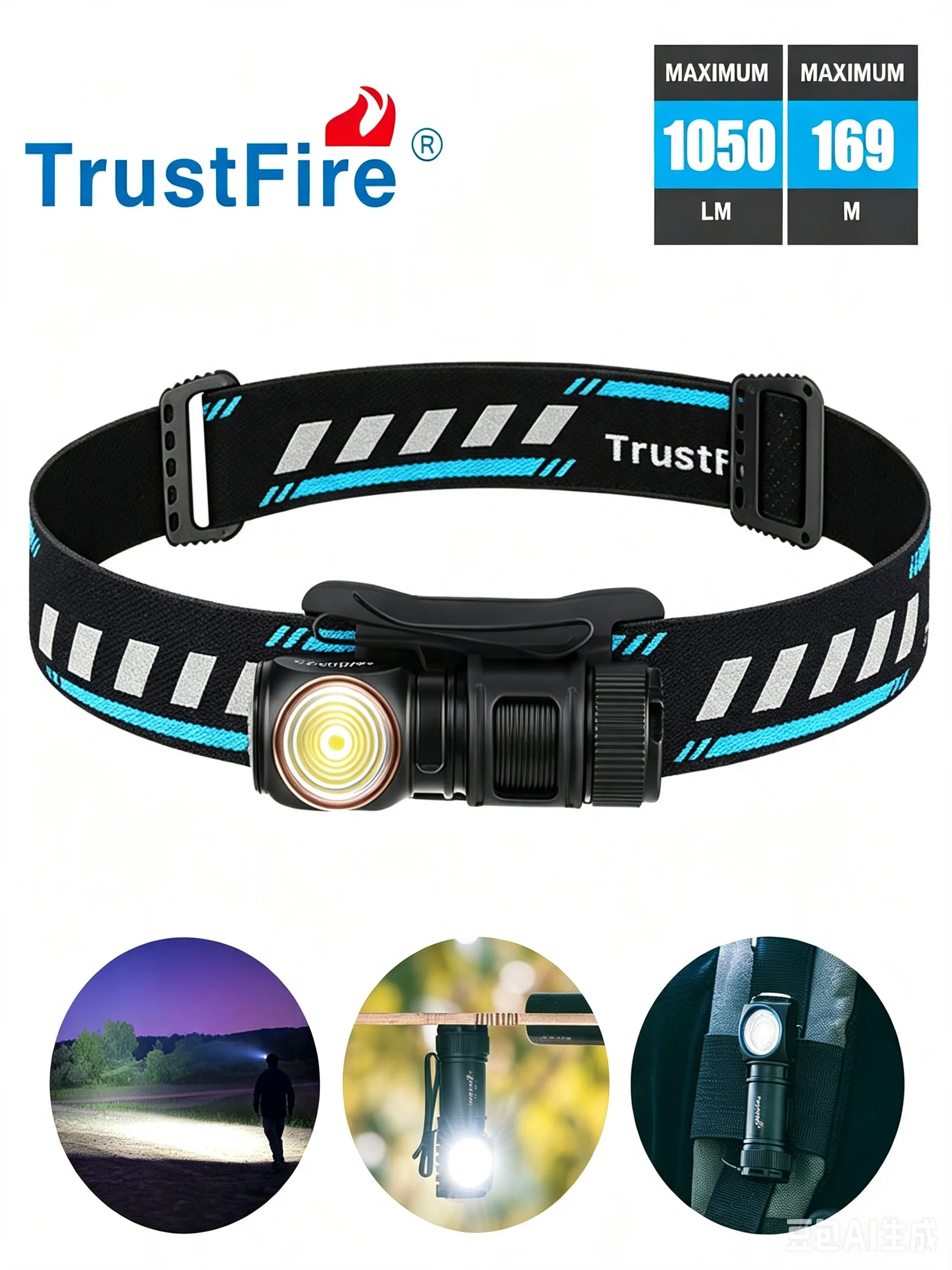 Compact Metal Headlamp Flashlight 1050 Lumen - TrustFire MT16 1 TrustFire MT16 compact metal headlamp flashlight in black aluminum next to its headband mount
