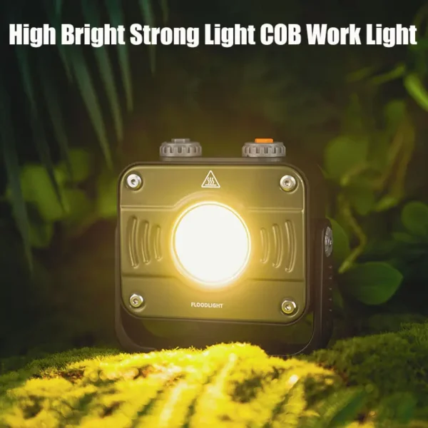 Rechargeable camping floodlight on its rotating bracket with the LCD power display lit up