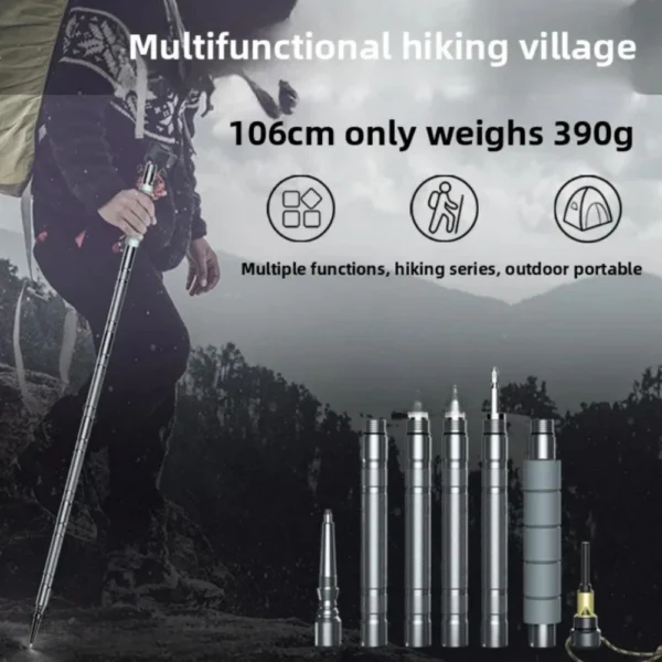 Detachable aluminum hiking poles set shown assembled and broken down for mountain hiking