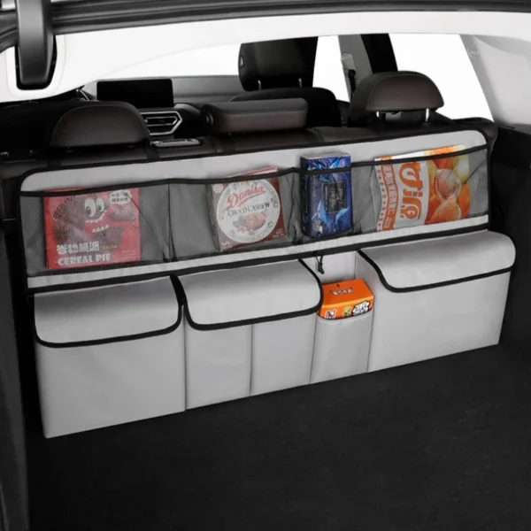 Oxford car trunk bag with cargo mesh holder fitted in a vehicle cargo area