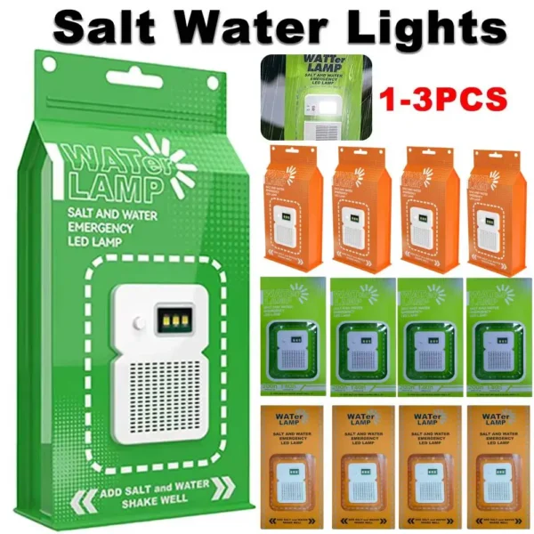 Salt water emergency lamp in orange with LED light glowing at a campsite at night